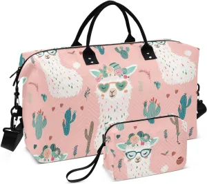 Sinestour Pink Llamas Travel Duffel Bag for Men Women with Makeup Bag Weekend Overnight Carry On Bags for Traveling Gym Workout