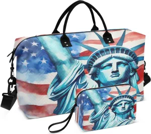 Sinestour Usa Flag Statue Of Liberty Travel Duffel Bag for Men Women with Makeup Bag Weekend Overnight Carry On Bags for Travel Weekend Getaway