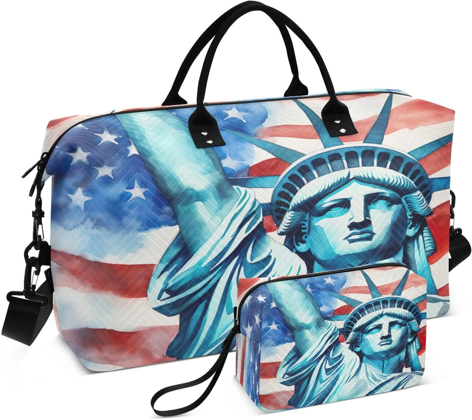 Sinestour Usa Flag Statue Of Liberty Travel Duffel Bag for Men Women with Makeup Bag Weekend Overnight Carry On Bags for Travel Weekend Getaway