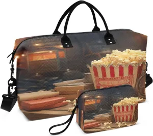 Sinestour Vintage Popcorn Screening Room Travel Duffel Bag for Men Women with Makeup Bag Weekend Overnight Carry On Bags for Travel Getaway Weekend