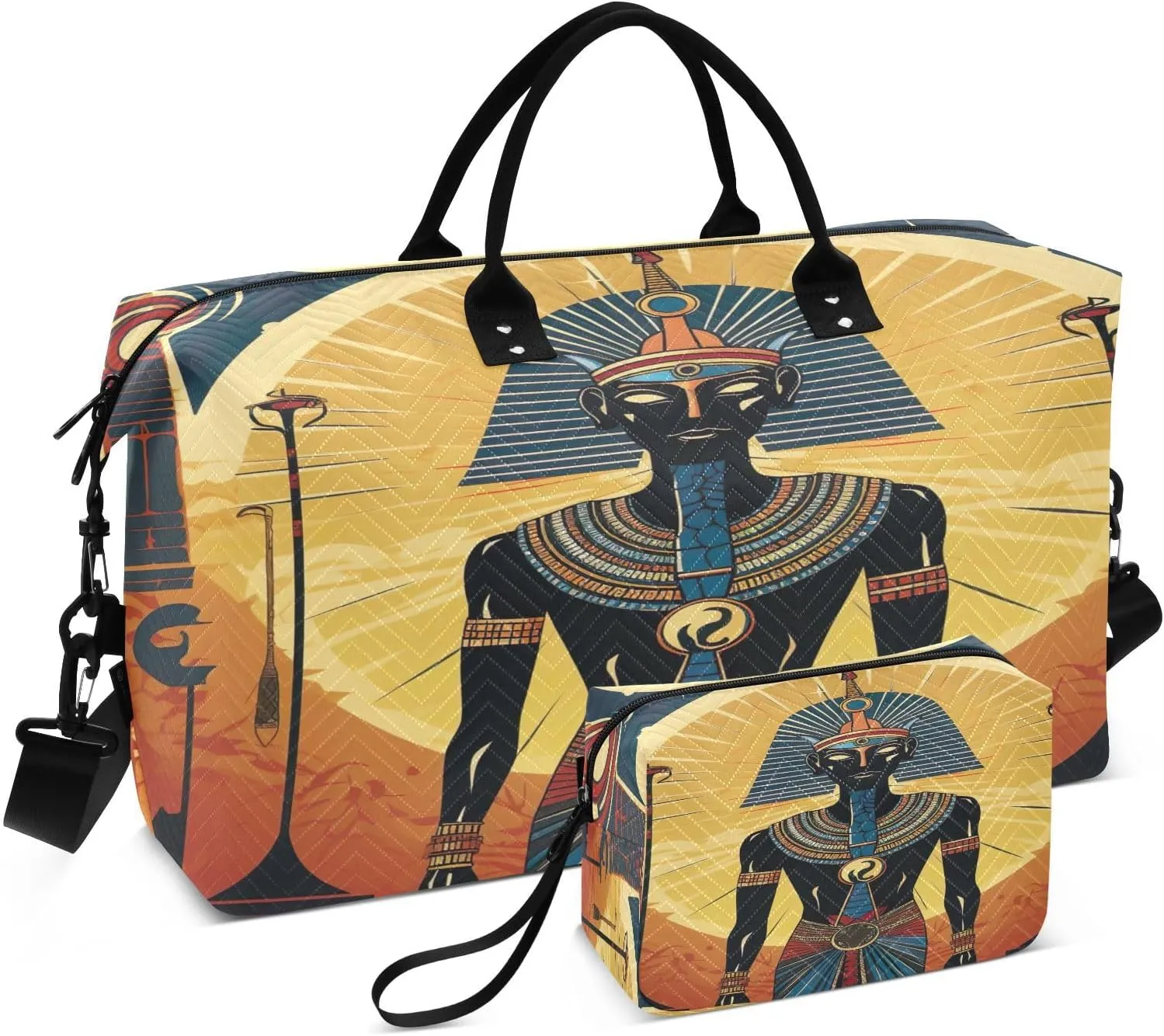 Sinestour Watercolor Egyptian Pharaoh Travel Duffel Bag for Men Women with Makeup Bag Weekend Overnight Carry On Bags for Under Seat Travel Airline