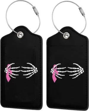 Skeleton Hands Breast Cancer Awareness Luggage Tags for Travel, Stainless Steel & Leather, Personalized Engraved, Durable Bag Tags 4 PCS