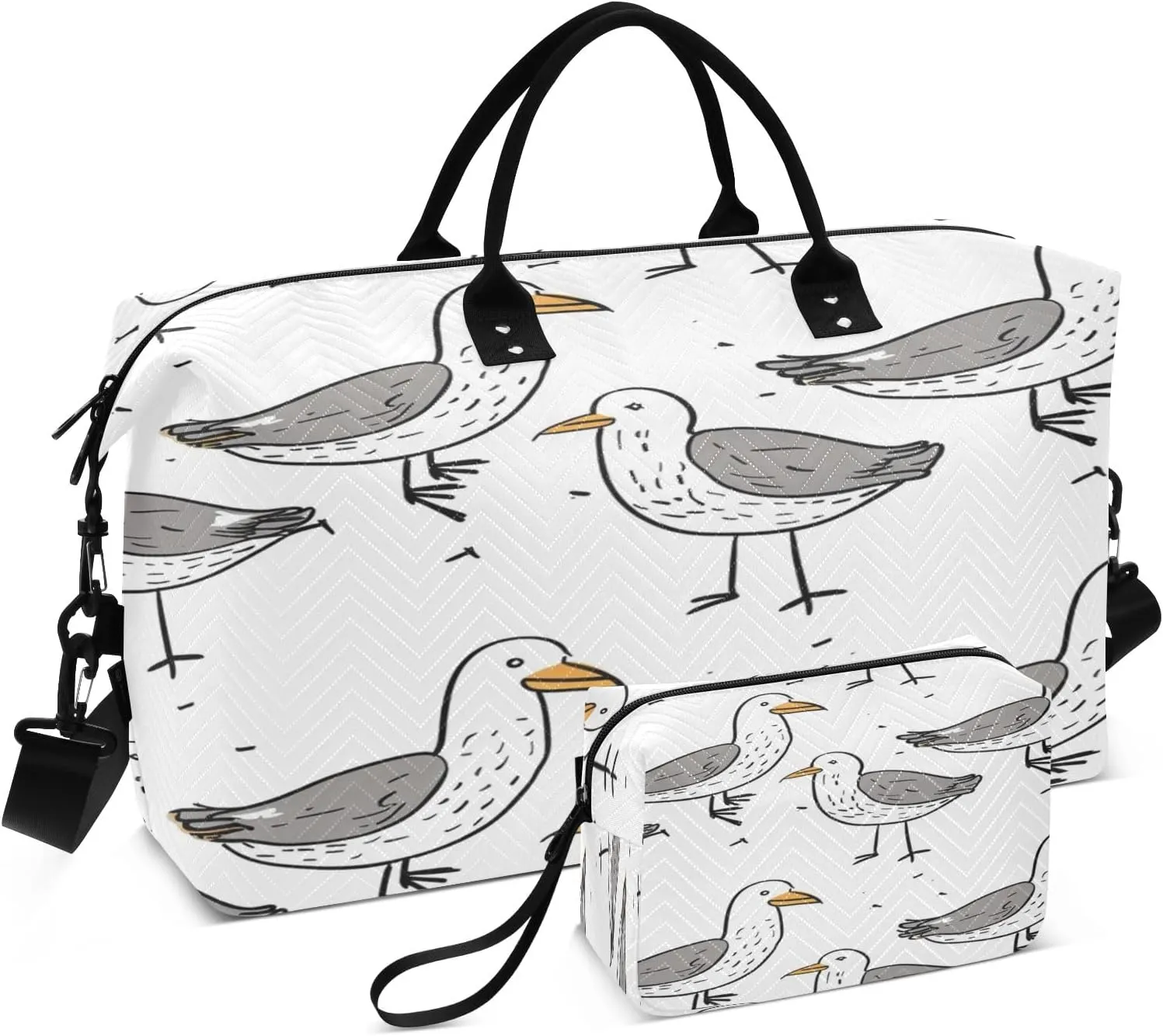 Sketch Bird Grey Travel Duffel Bags with Toiletry Bag and Adjustable Strap for Travel Gym Yoga