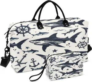 Sketch Shark Travel Duffel Bags with Toiletry Bag and Adjustable Strap for Travel Gym Yoga