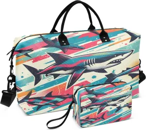 Sketch Sharks Travel Duffel Bags with Toiletry Bag and Adjustable Strap for Travel Gym Yoga