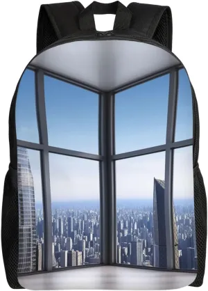 Skyscraper Buildings Print Backpack 16 Inch Lightweight Waterproof Travel Bags Casual Daypack For Women Men
