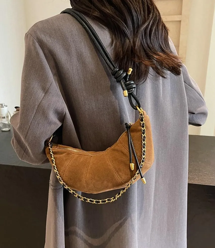 Slouchy Suede Shoulder Bags For Women - Retro Horn Crossbody Crescent Dumpling Satchels Purses Fall Handbag Travel