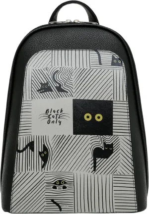 Small Backpack for Women - Vegan Leather and Unique Design Handmade Backpack Purse for Women, Black Cats Only Design
