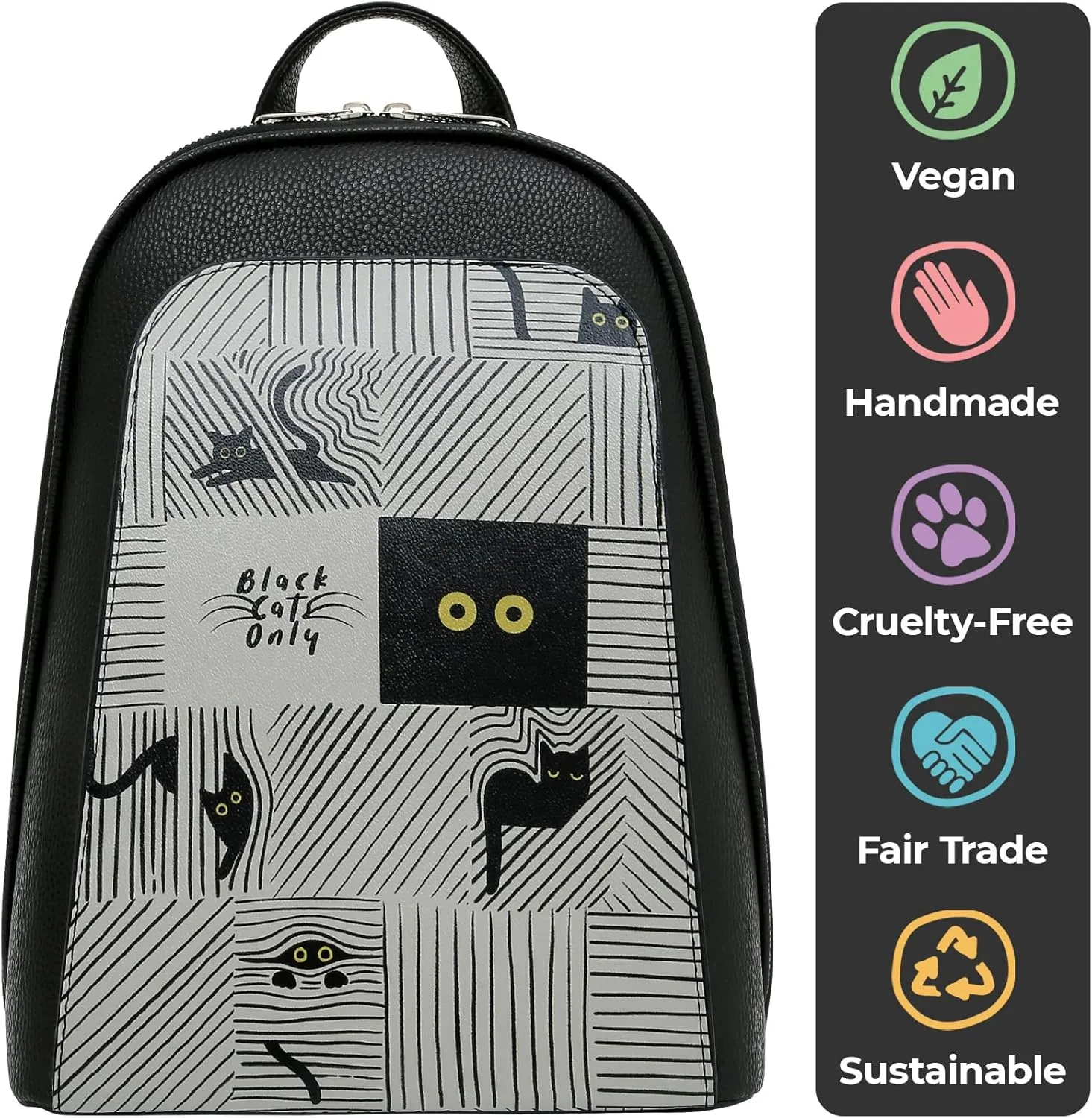 Small Backpack for Women - Vegan Leather and Unique Design Handmade Backpack Purse for Women, Black Cats Only Design