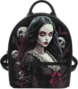 Small Backpack Purse for Womens Girls Cute Mini Backpack Stylish Shoulder Bag Daily Use PU Leather with Zipper, Skull Witch Print