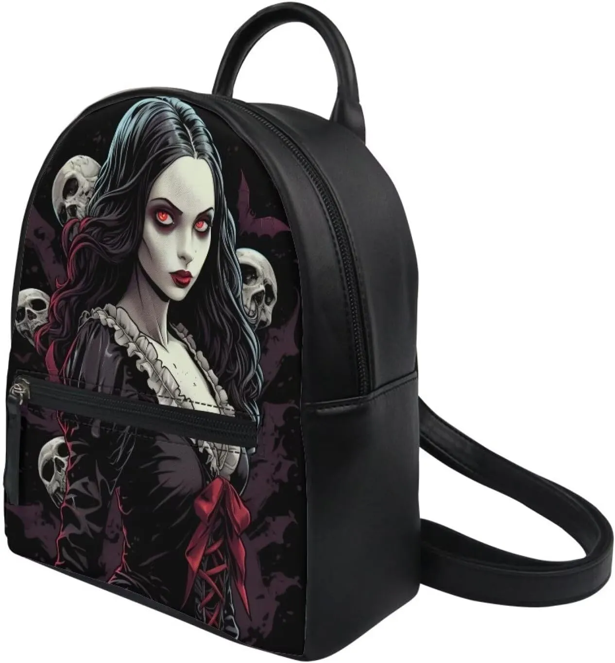 Small Backpack Purse for Womens Girls Cute Mini Backpack Stylish Shoulder Bag Daily Use PU Leather with Zipper, Skull Witch Print