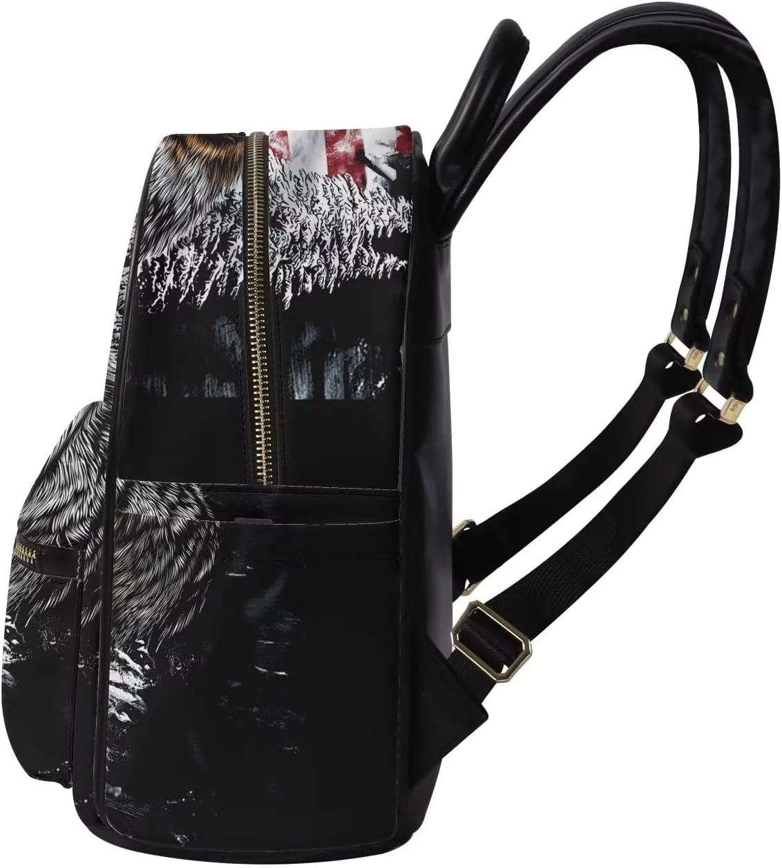 Small PU Leather Backpack Purse for Women Cool American Flag Wolf Backpack Daypack Shoulder Bag for Travel Work Outdoor Gym