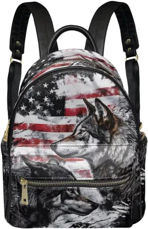 Small PU Leather Backpack Purse for Women Cool American Flag Wolf Backpack Daypack Shoulder Bag for Travel Work Outdoor Gym