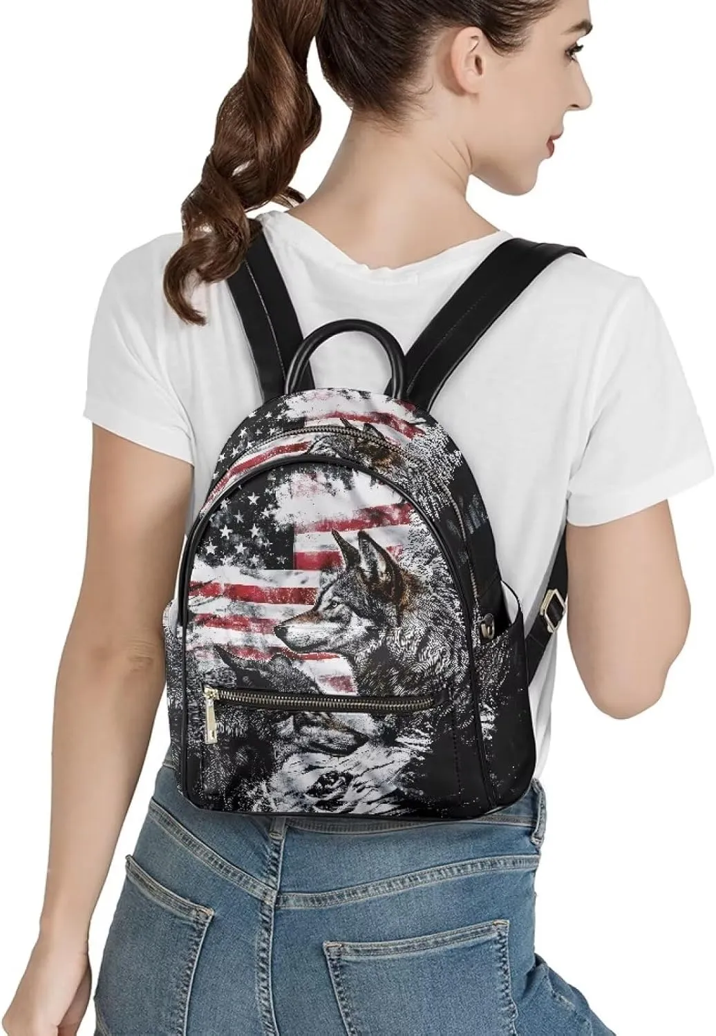 Small PU Leather Backpack Purse for Women Cool American Flag Wolf Backpack Daypack Shoulder Bag for Travel Work Outdoor Gym