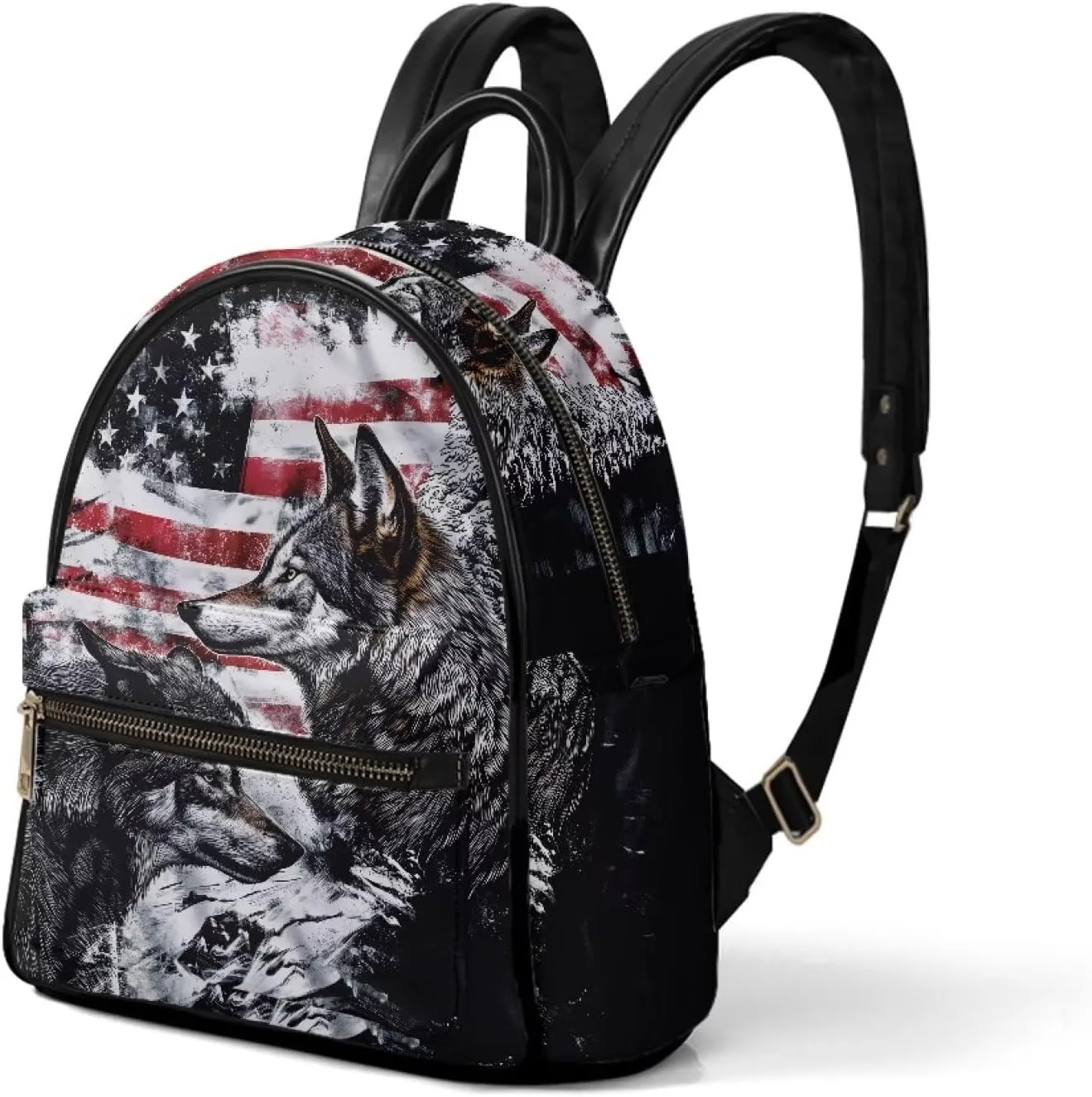Small PU Leather Backpack Purse for Women Cool American Flag Wolf Backpack Daypack Shoulder Bag for Travel Work Outdoor Gym