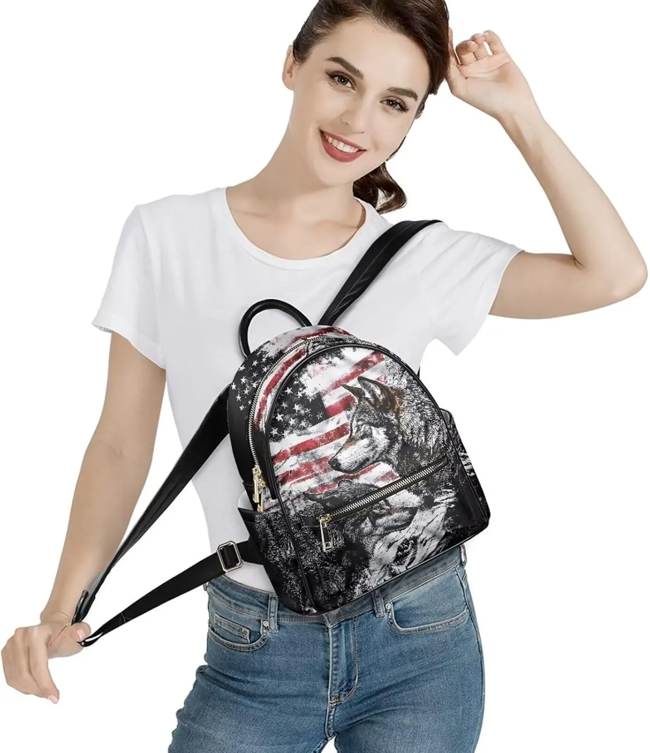 Small PU Leather Backpack Purse for Women Cool American Flag Wolf Backpack Daypack Shoulder Bag for Travel Work Outdoor Gym