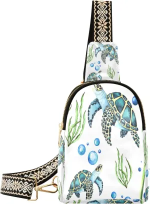Small Sling Bag Waist Packs Leather Crossbody Packs Chest Bag Watercolor Sea Turtles and Seaweed and Bubbles for Women Travel Belt Purse