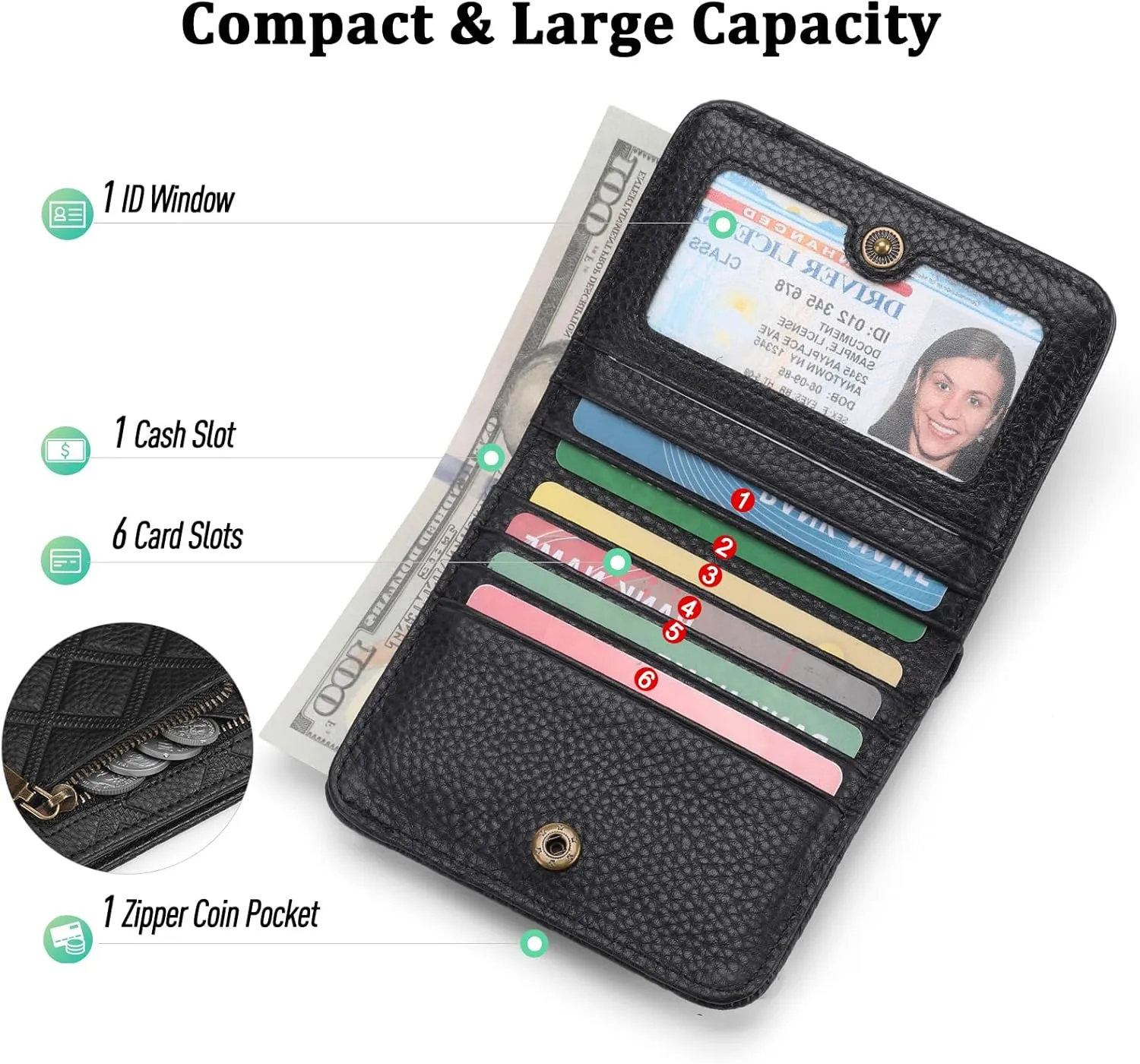 Small Wallet Women Compact RFID Blocking Credit Card Holder Bifold Genuine Leather Wallets with Zipper Coin Pocket