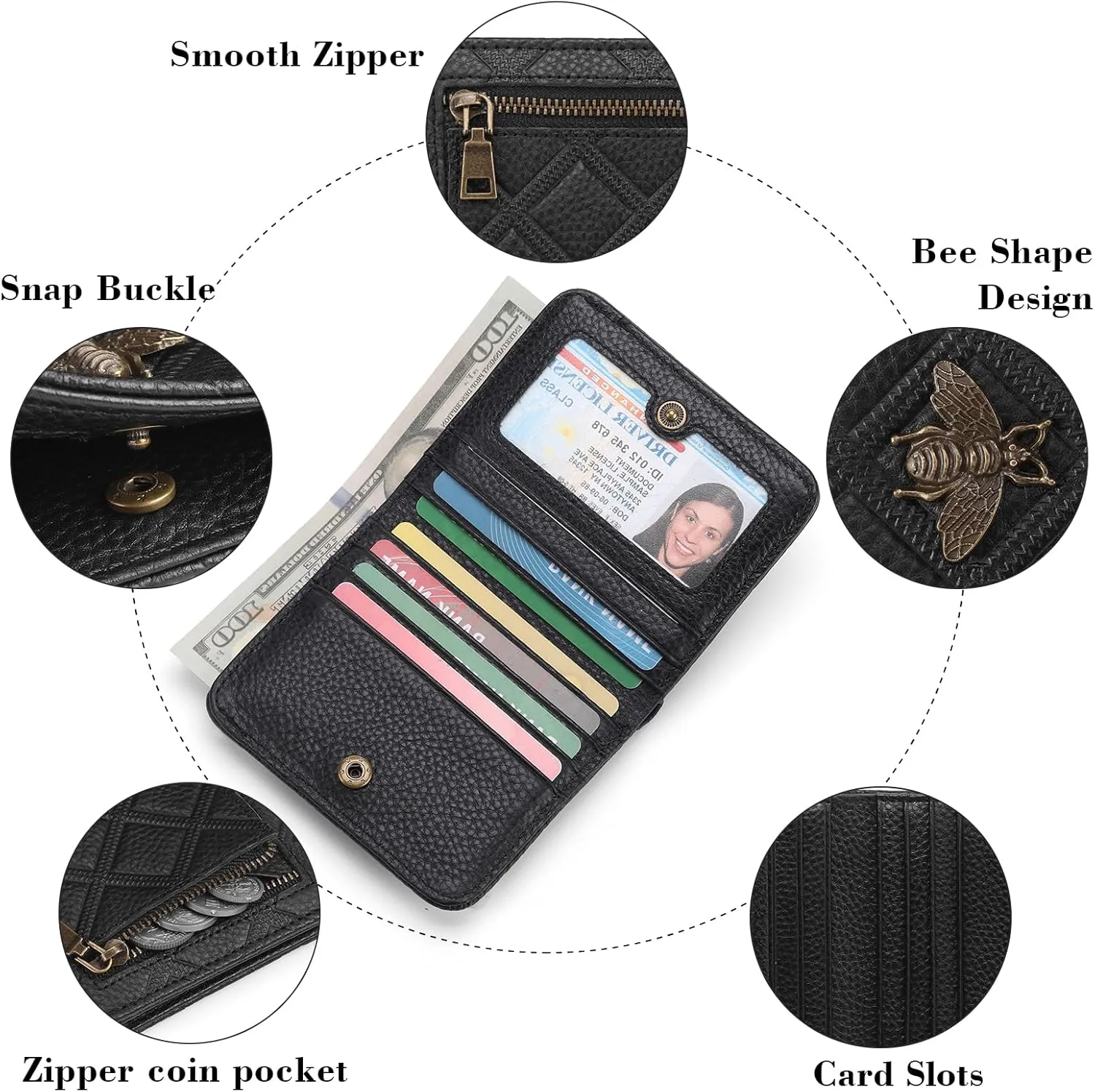 Small Wallet Women Compact RFID Blocking Credit Card Holder Bifold Genuine Leather Wallets with Zipper Coin Pocket