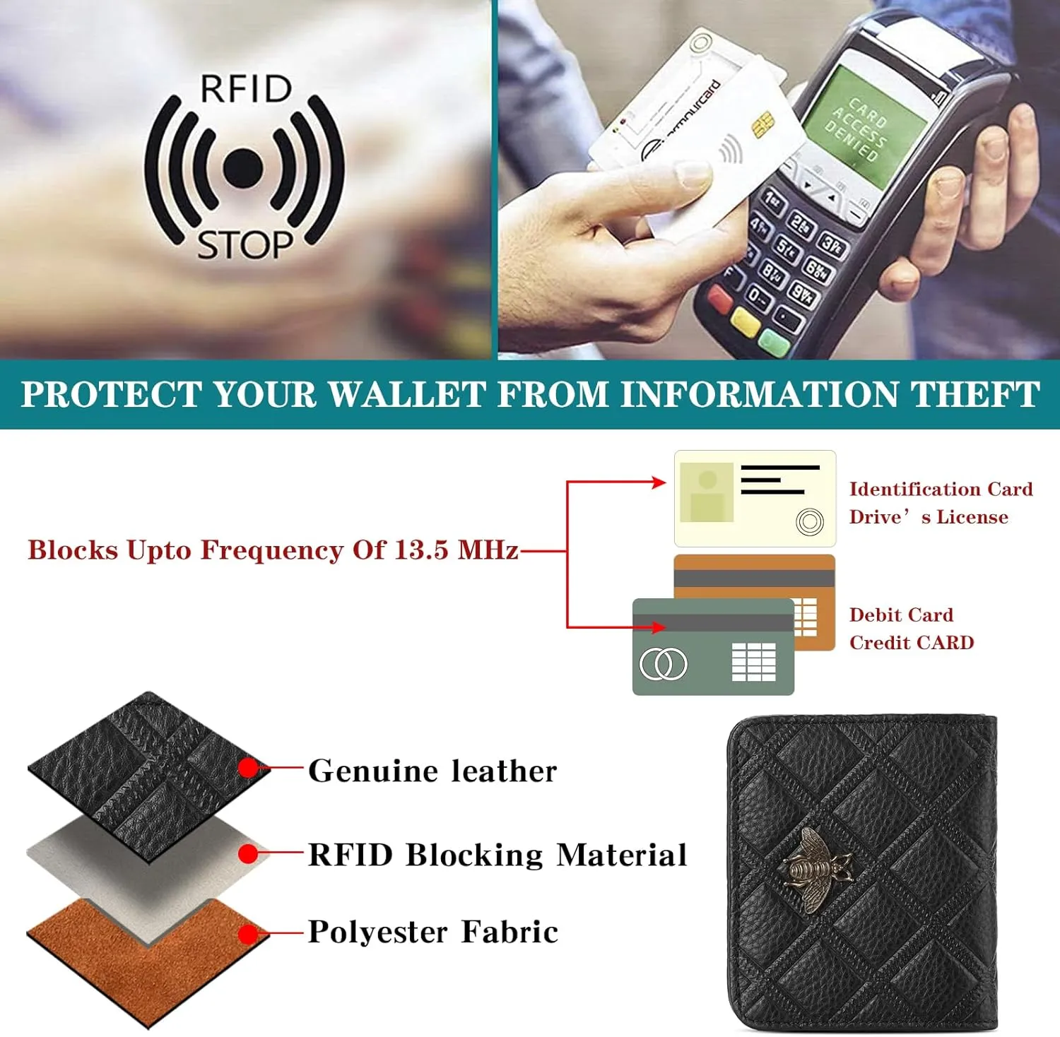 Small Wallet Women Compact RFID Blocking Credit Card Holder Bifold Genuine Leather Wallets with Zipper Coin Pocket