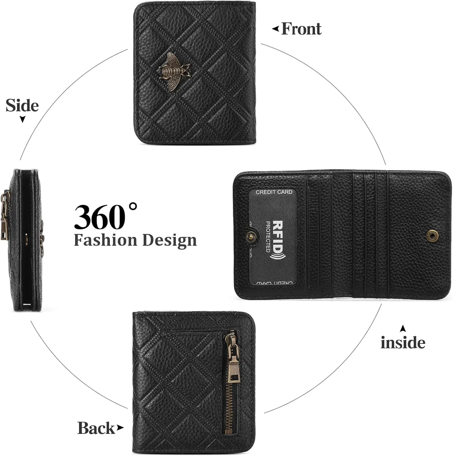 Small Wallet Women Compact RFID Blocking Credit Card Holder Bifold Genuine Leather Wallets with Zipper Coin Pocket