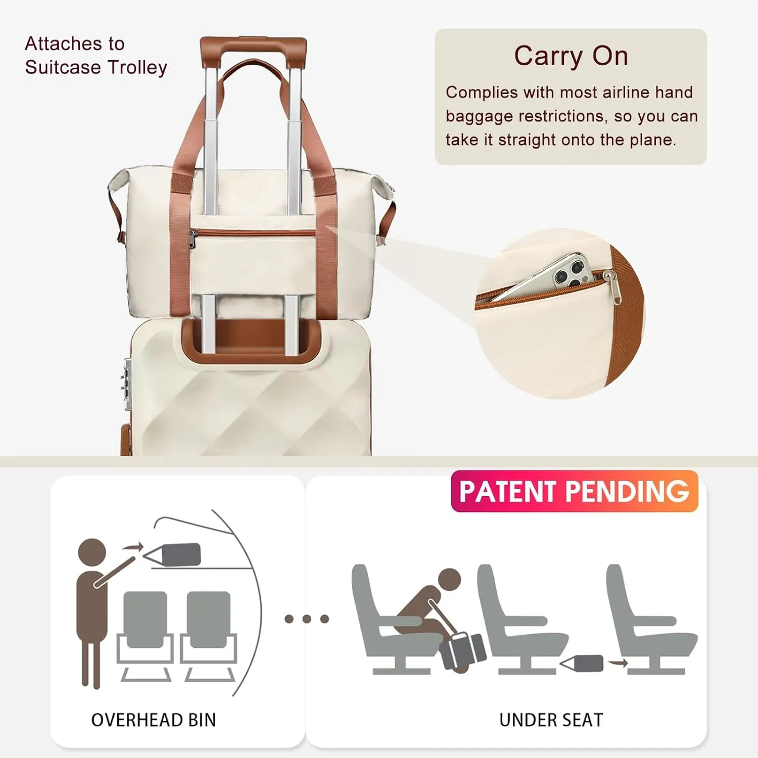 Somago Travel Duffel Bag Weekend Bag Carry On Tote Water Resistant Travel Essentials Sport Gym Bag for Men & Women Overnight Bag Luggage Bag with Trolley Sleeve for Hospital Business Trip（Beige）