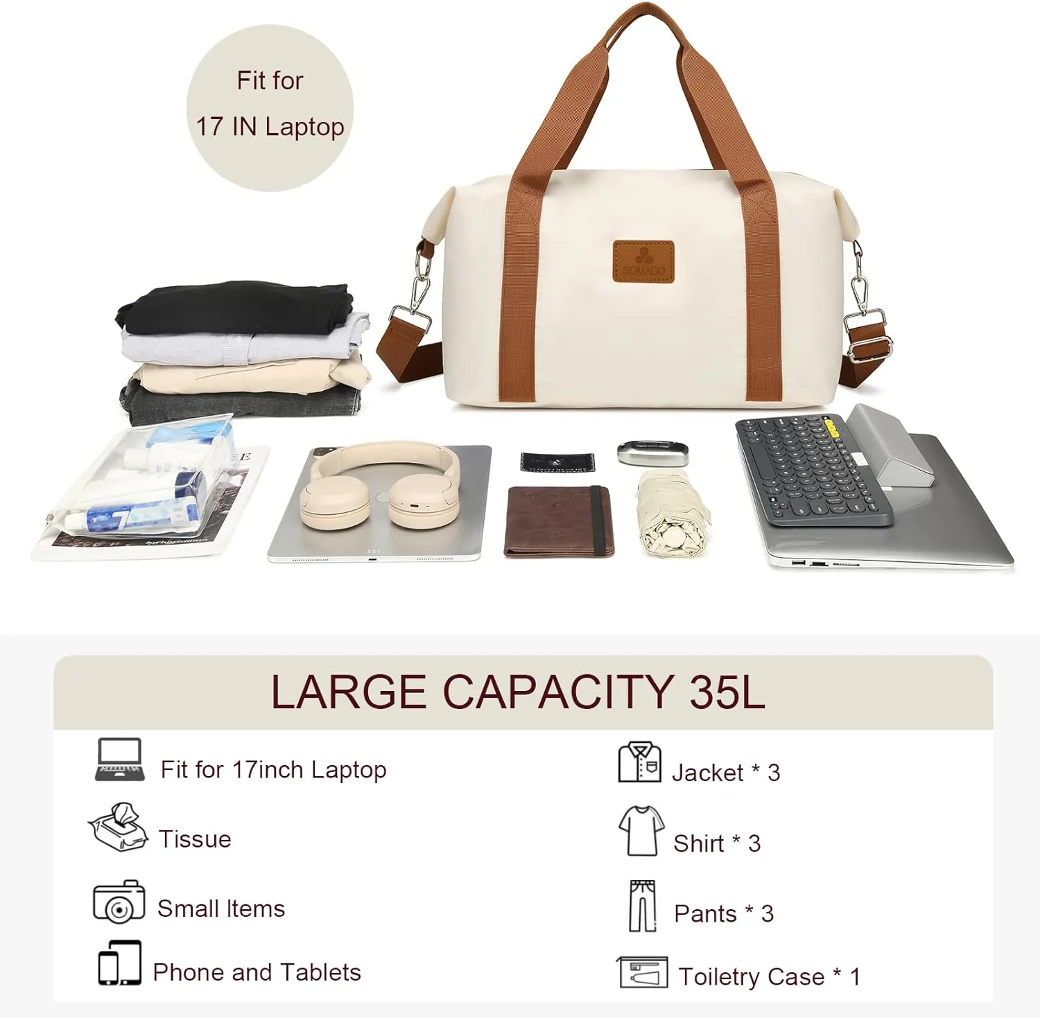 Somago Travel Duffel Bag Weekend Bag Carry On Tote Water Resistant Travel Essentials Sport Gym Bag for Men & Women Overnight Bag Luggage Bag with Trolley Sleeve for Hospital Business Trip（Beige）
