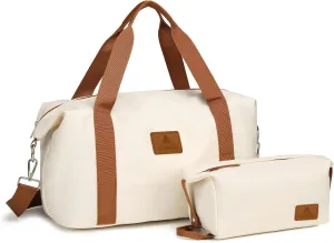 Somago Travel Duffel Bag Weekend Bag Carry On Tote Water Resistant Travel Essentials Sport Gym Bag for Men & Women Overnight Bag Luggage Bag with Trolley Sleeve for Hospital Business Trip（Beige）
