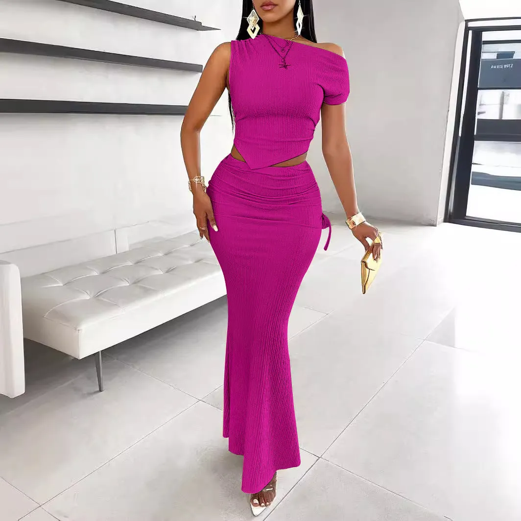 Sophisticated Glamour One-Shoulder Pleated Two-Piece Fishtail Skirt Set