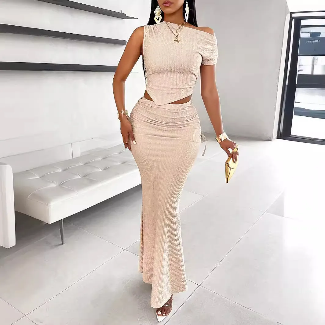 Sophisticated Glamour One-Shoulder Pleated Two-Piece Fishtail Skirt Set