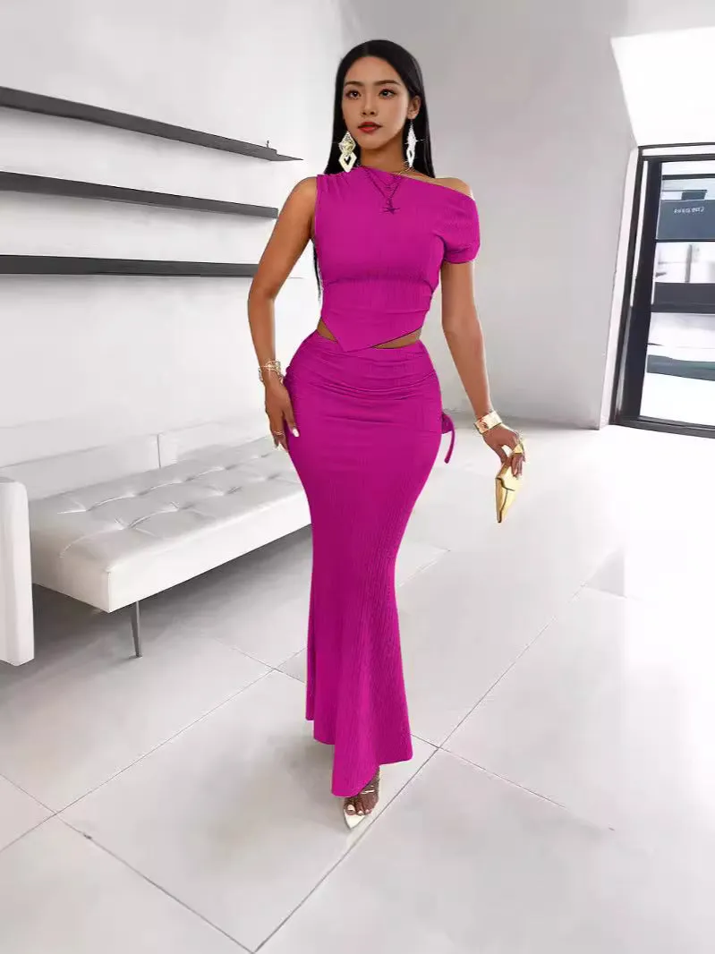 Sophisticated Glamour One-Shoulder Pleated Two-Piece Fishtail Skirt Set