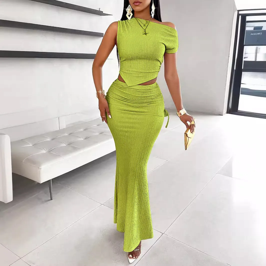 Sophisticated Glamour One-Shoulder Pleated Two-Piece Fishtail Skirt Set