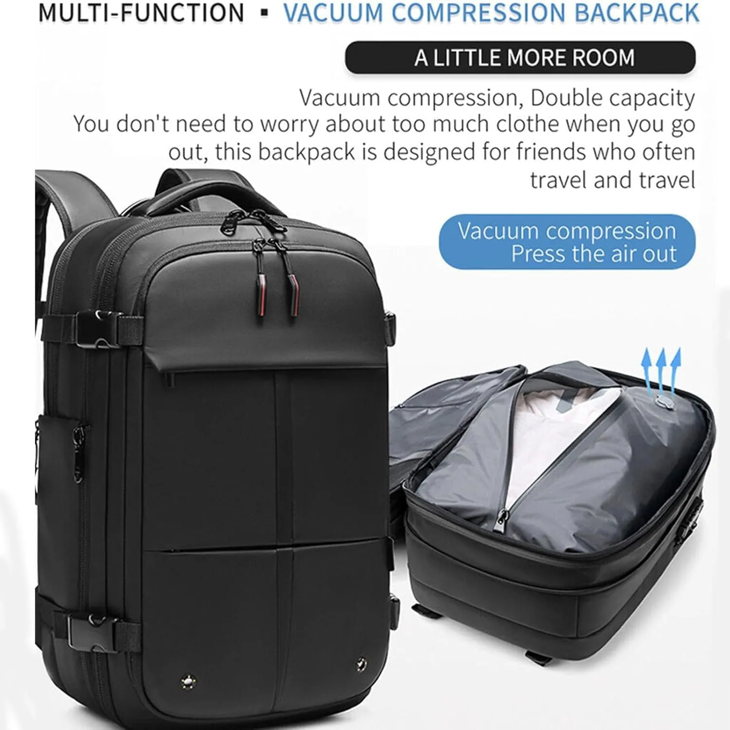 Spacevac Pro Backpack, Space Vac Bags, Spacevac Travel Vacuum Backpacks, 60l Expandable Backpack with Vacuum Compression, Water Resistant, Anti Theft (Prestige-Blue)