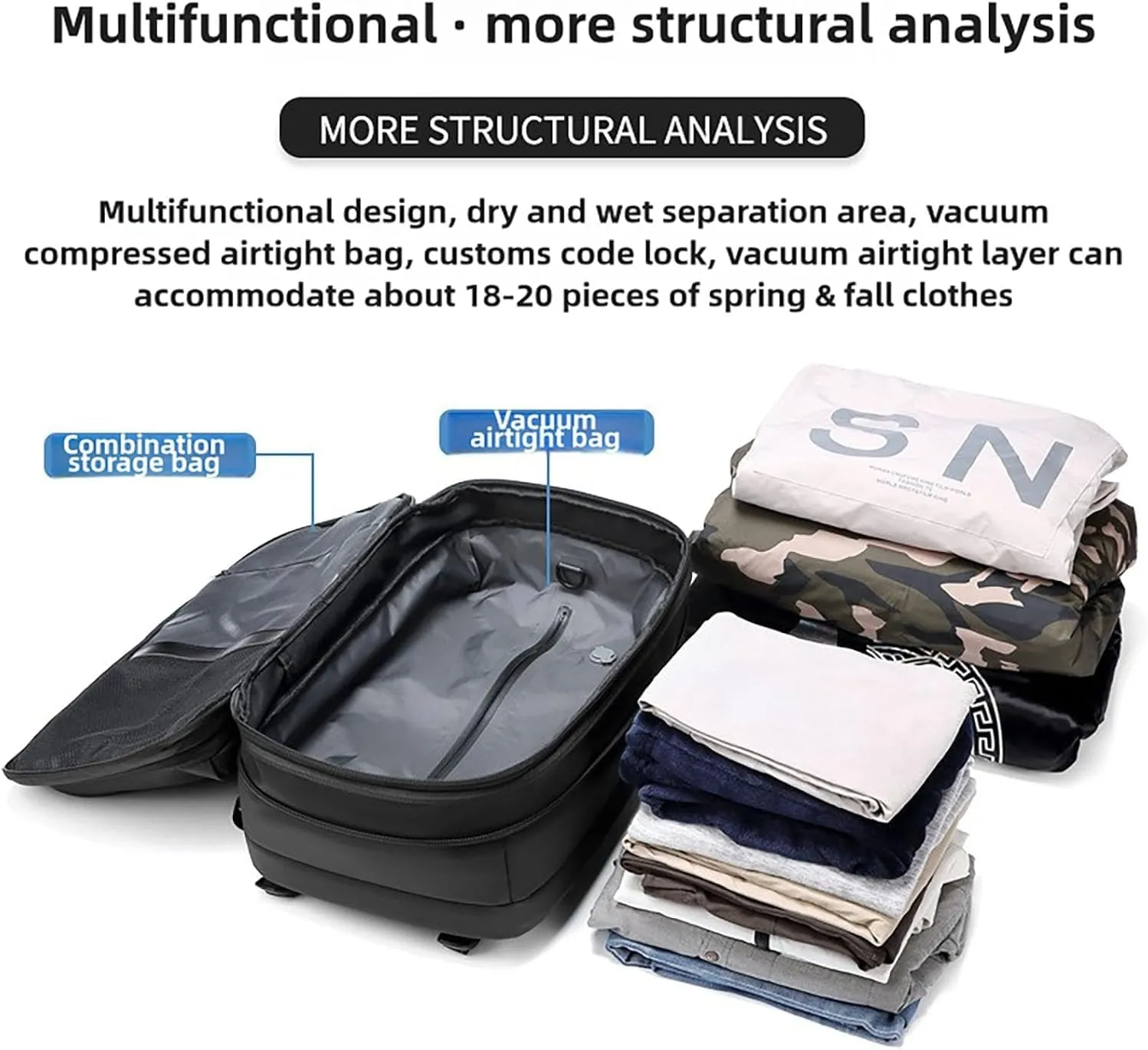 Spacevac Pro Backpack, Space Vac Bags, Spacevac Travel Vacuum Backpacks, 60l Expandable Backpack with Vacuum Compression, Water Resistant, Anti Theft (Prestige-Blue)