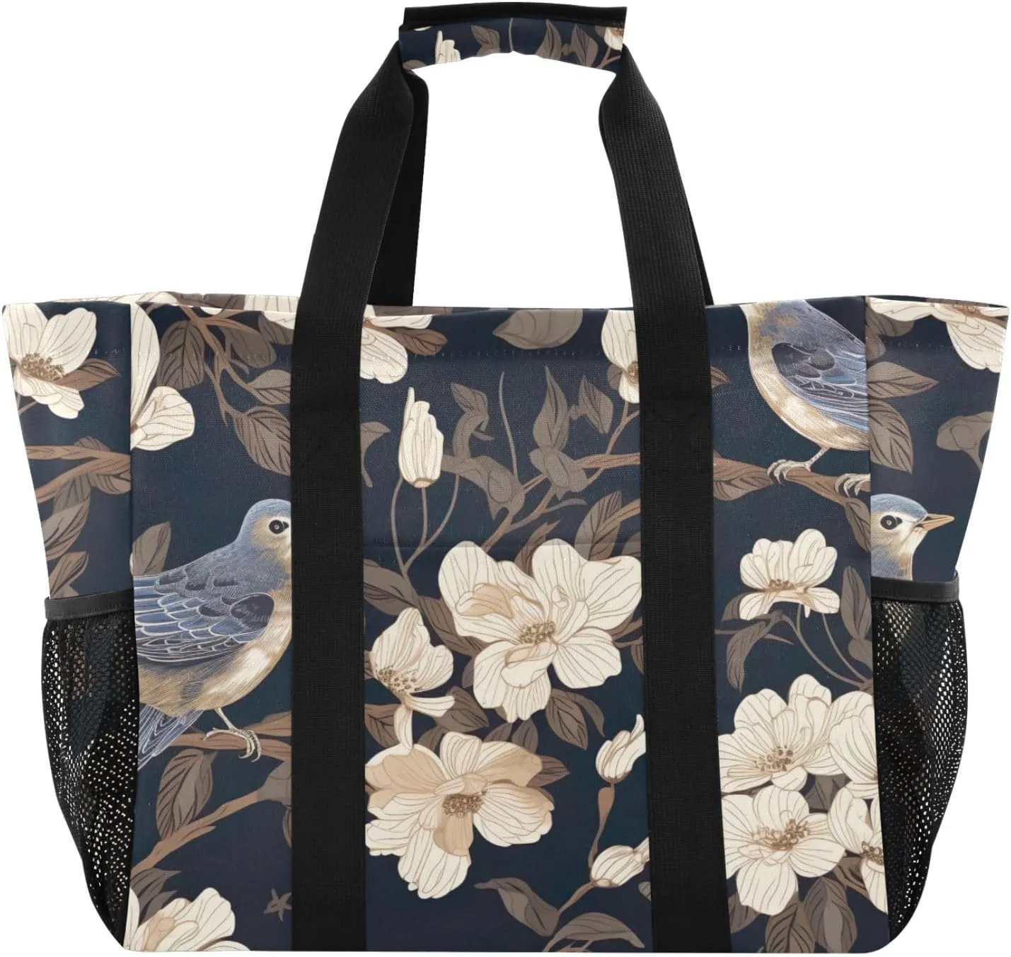 Sparrow Flowers Leaves Tote Bag for Women with Zipper Large Beach Bags Foldable Handbags Totes Work Bag for Travel Pool Gym Grocery