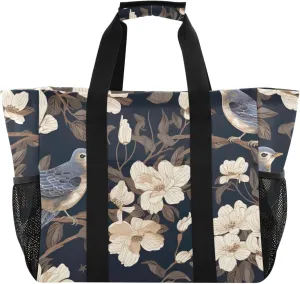 Sparrow Flowers Leaves Tote Bag for Women with Zipper Large Beach Bags Foldable Handbags Totes Work Bag for Travel Pool Gym Grocery