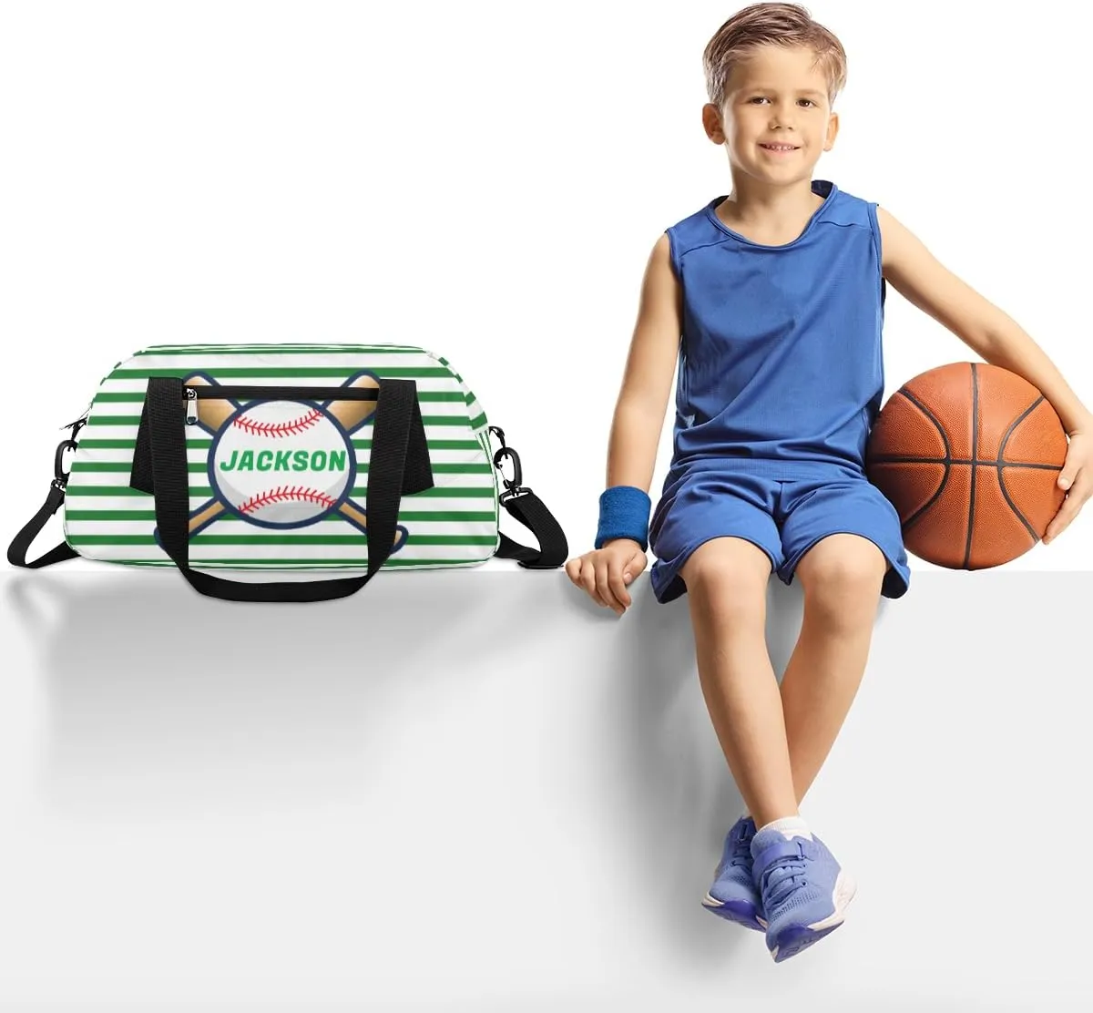 Sport Baseball Custom Name Kids Overnight Duffel Bags Boys Green Stripe Personalized Sport Gym Bag Customized Duffel Bag for Travel Weekender Practice Gymnastics