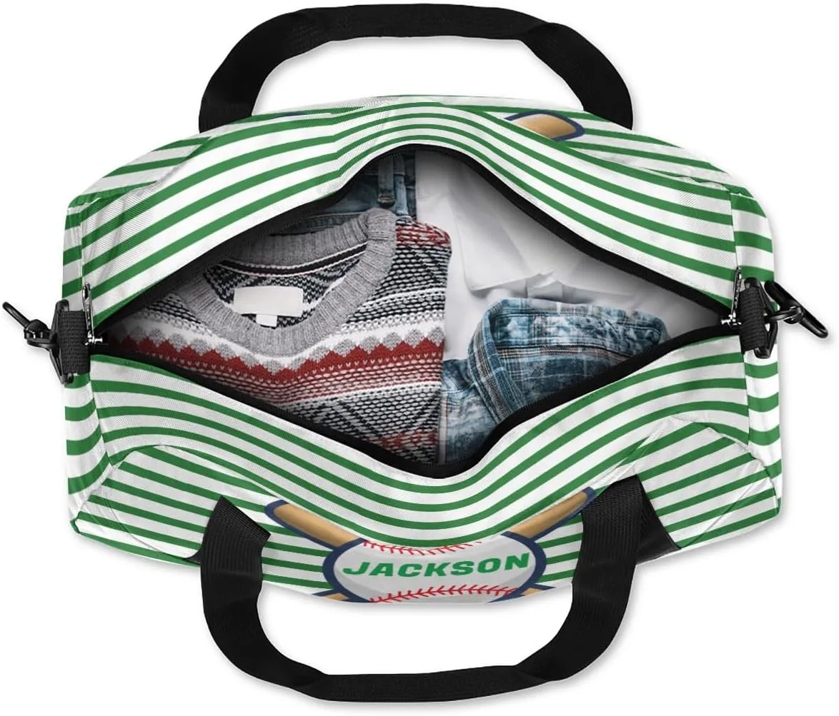 Sport Baseball Custom Name Kids Overnight Duffel Bags Boys Green Stripe Personalized Sport Gym Bag Customized Duffel Bag for Travel Weekender Practice Gymnastics