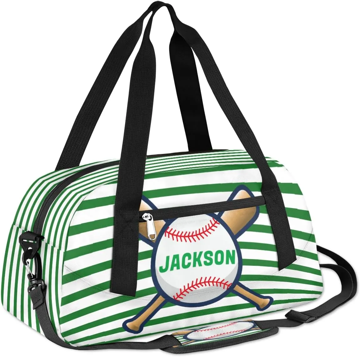 Sport Baseball Custom Name Kids Overnight Duffel Bags Boys Green Stripe Personalized Sport Gym Bag Customized Duffel Bag for Travel Weekender Practice Gymnastics
