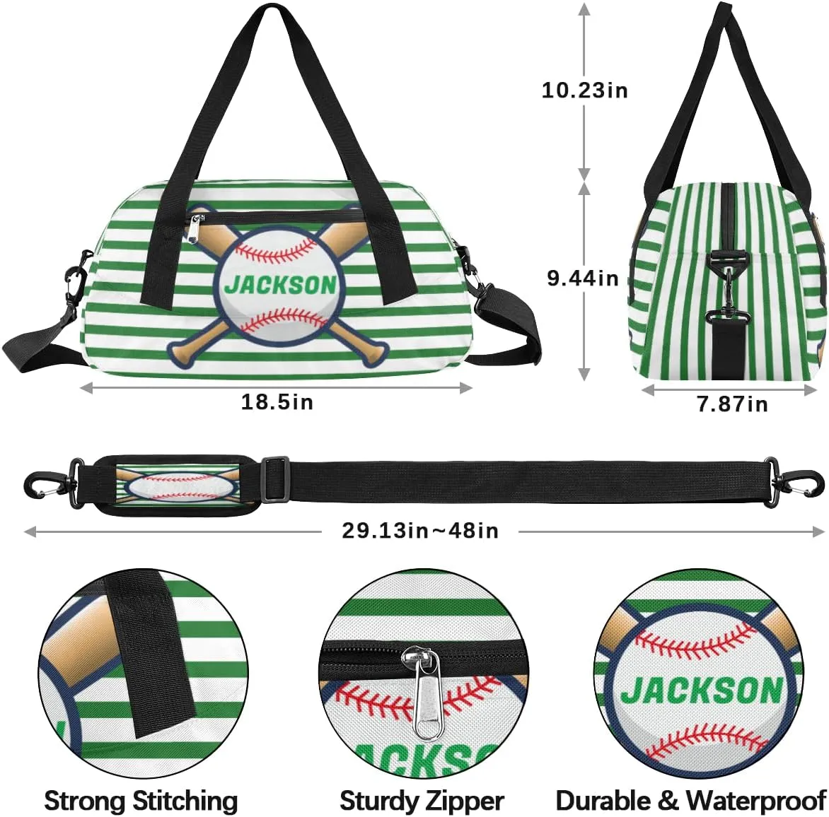 Sport Baseball Custom Name Kids Overnight Duffel Bags Boys Green Stripe Personalized Sport Gym Bag Customized Duffel Bag for Travel Weekender Practice Gymnastics
