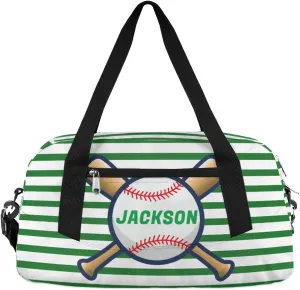 Sport Baseball Custom Name Kids Overnight Duffel Bags Boys Green Stripe Personalized Sport Gym Bag Customized Duffel Bag for Travel Weekender Practice Gymnastics