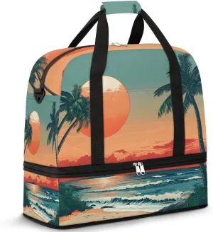 Sports Duffel Bag, Foldable Tropical Beach Sunrise Travel Duffel Bag, Gym Yoga Beach Bag Weekender Overnight Bag with Shoes Compartment for Men Women, Palm Tree