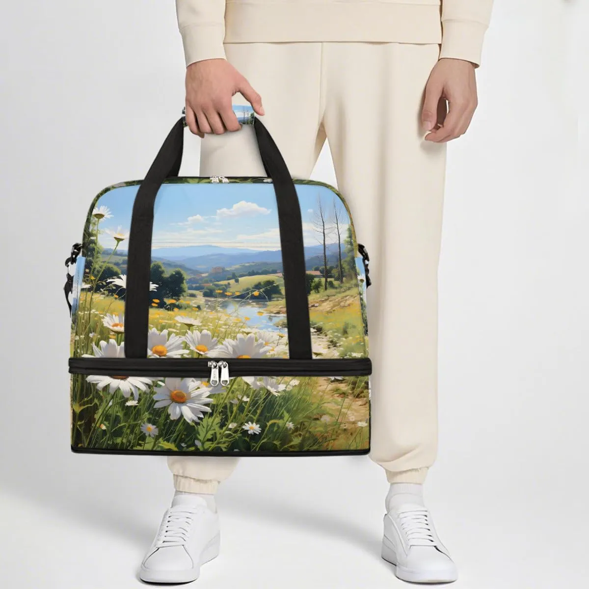 Sports Gym Bag Flower Daisy Pastoral Large Travel Duffel Bag With Shoe Compartment Foldable Waterproof Carry-On Weekend Travel Bags for Camping Overnight Yoga Hospital Travel Bags