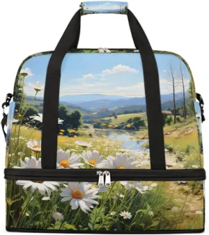 Sports Gym Bag Flower Daisy Pastoral Large Travel Duffel Bag With Shoe Compartment Foldable Waterproof Carry-On Weekend Travel Bags for Camping Overnight Yoga Hospital Travel Bags