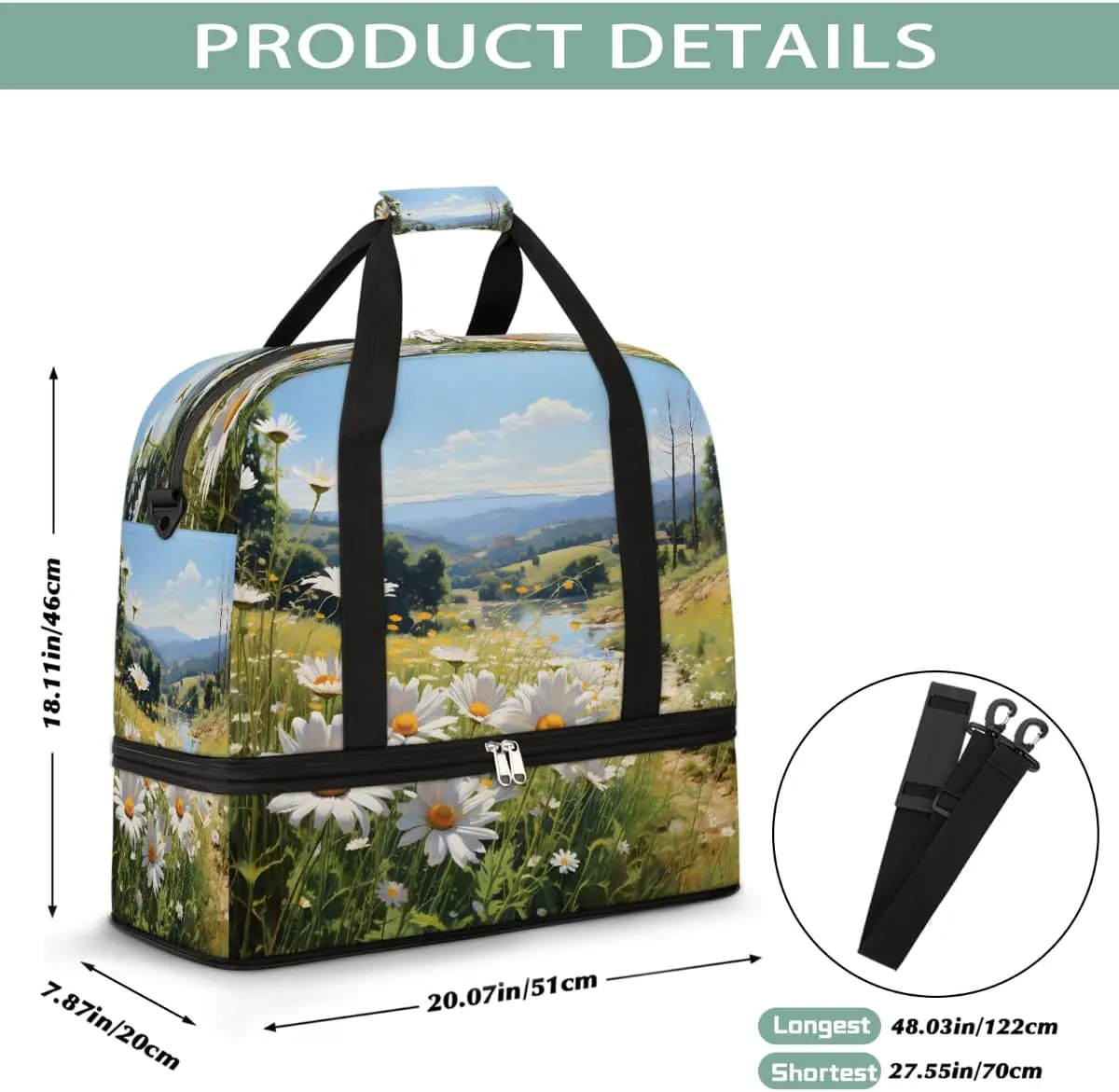 Sports Gym Bag Flower Daisy Pastoral Large Travel Duffel Bag With Shoe Compartment Foldable Waterproof Carry-On Weekend Travel Bags for Camping Overnight Yoga Hospital Travel Bags