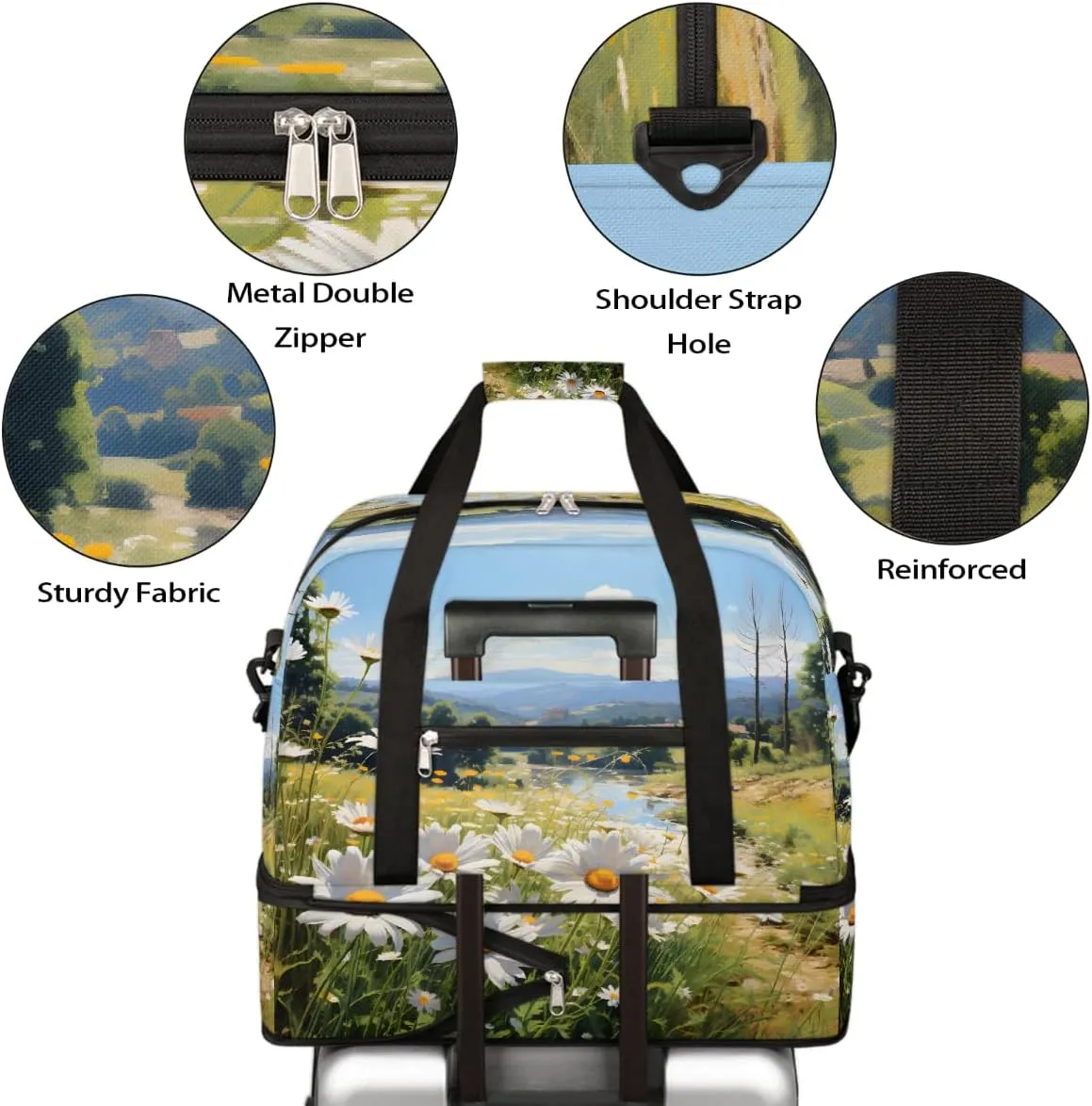 Sports Gym Bag Flower Daisy Pastoral Large Travel Duffel Bag With Shoe Compartment Foldable Waterproof Carry-On Weekend Travel Bags for Camping Overnight Yoga Hospital Travel Bags