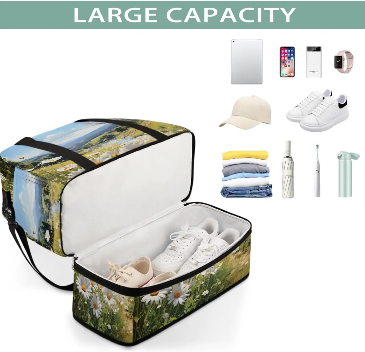 Sports Gym Bag Flower Daisy Pastoral Large Travel Duffel Bag With Shoe Compartment Foldable Waterproof Carry-On Weekend Travel Bags for Camping Overnight Yoga Hospital Travel Bags