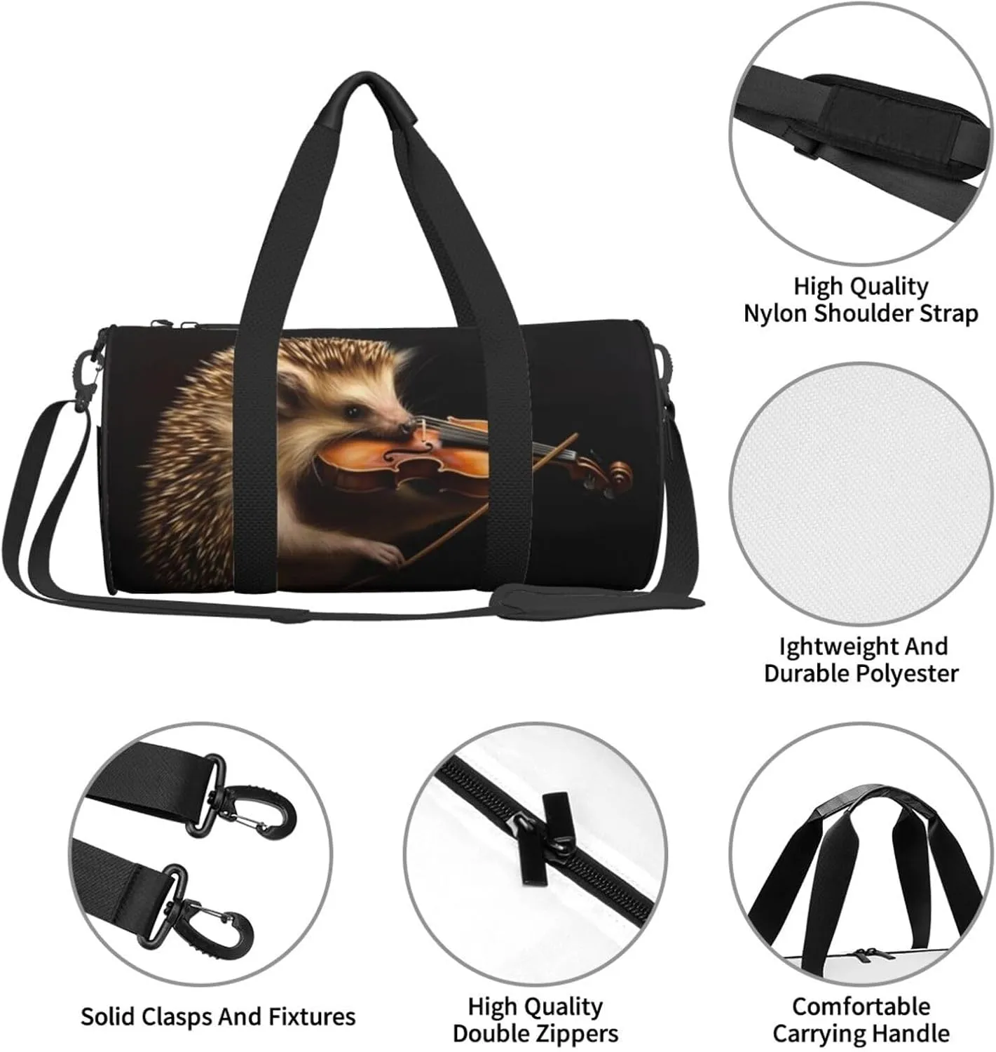 Sports Gym Bag for Women Men Travel Duffel Bag Tote Weekender Bag Carry on Overnight Bag for Travel Swimming Fitness Workout Sports Animal Hedgehog Music Violin Duffle Bag