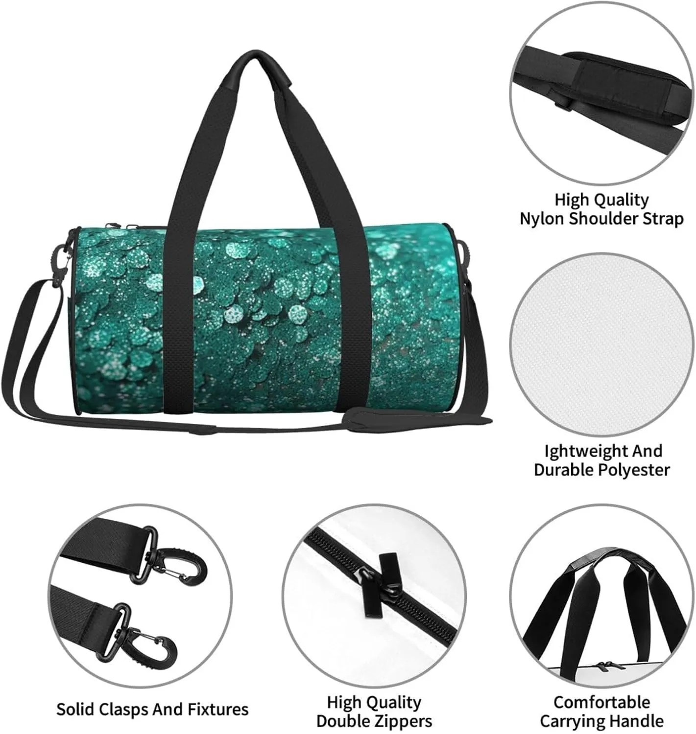 Sports Gym Bag for Women Men Travel Duffel Bag Tote Weekender Bag Carry on Overnight Bag for Travel Swimming Fitness Workout Sports Turquoise Glitter Duffle Bag