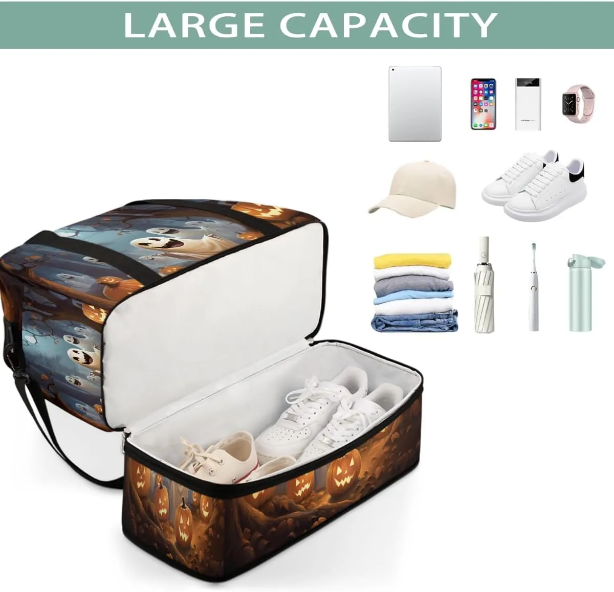 Sports Gym Bag Halloween Ghost Forest Large Travel Duffel Bag With Shoe Compartment Foldable Waterproof Carry-On Weekend Travel Bags for Camping Overnight Yoga Hospital Travel Bags